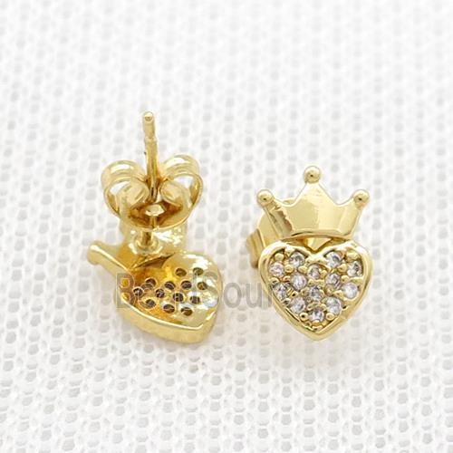 Copper Stud Earrings Pave Zircon Crown Gold Plated