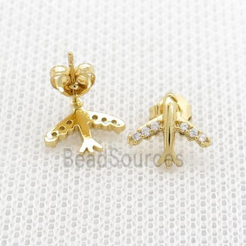 Copper Stud Earrings Pave Zircon Airplane Gold Plated