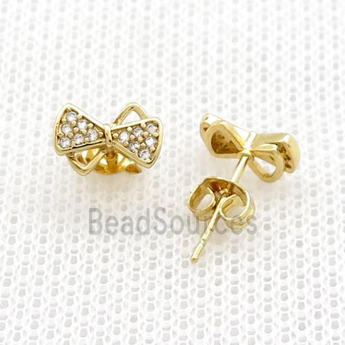 Copper Stud Earrings Pave Zircon Bowknot Gold Plated