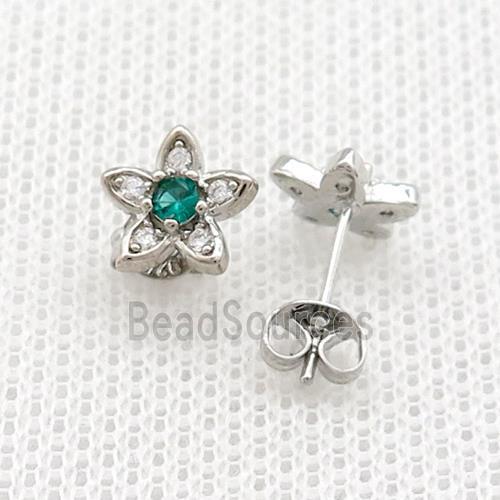 Copper Stud Earrings Pave Zircon Flower Platinum Plated