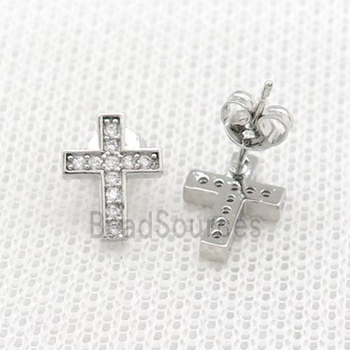 Copper Stud Earrings Pave Zircon Cross Platinum Plated