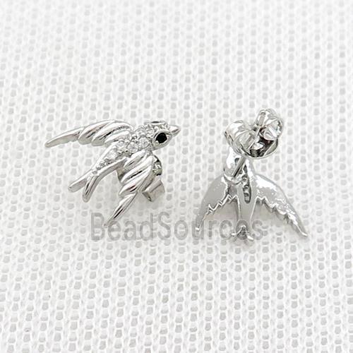 Copper Stud Earrings Pave Zircon Swallow Birds Platinum Plated