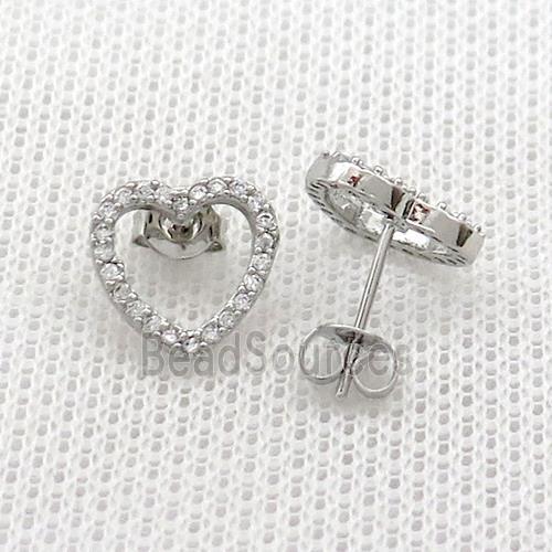 Copper Stud Earrings Pave Zircon Heart Platinum Plated