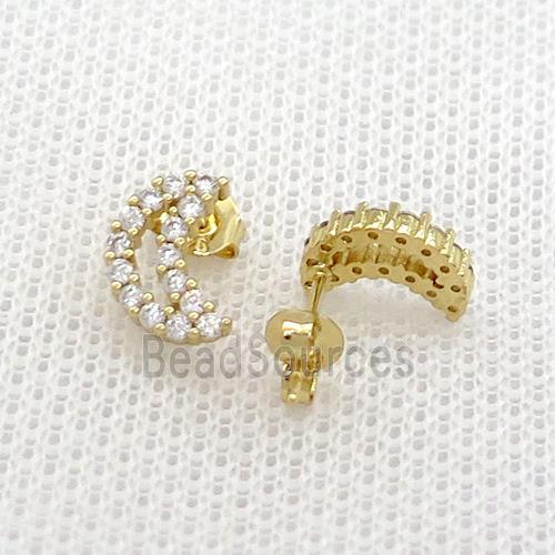 Copper Stud Earrings Pave Zircon Moon Gold Plated