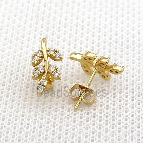 Copper Stud Earrings Pave Zircon Leaf Gold Plated