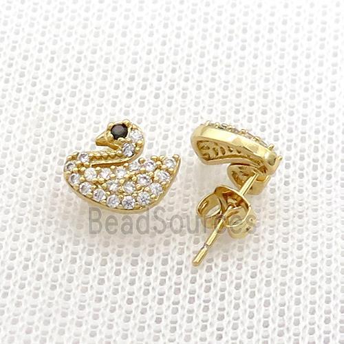 Copper Stud Earrings Pave Zircon Swan Gold Plated