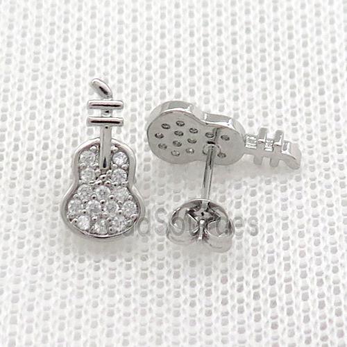 Copper Stud Earrings Pave Zircon Guitar Platinum Plated