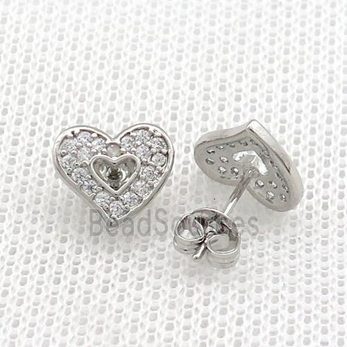 Copper Stud Earrings Pave Zircon Heart Platinum Plated