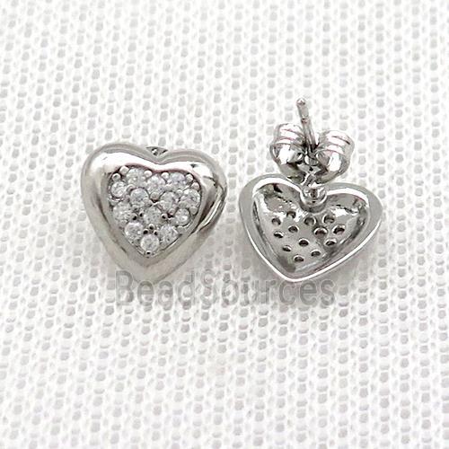 Copper Stud Earrings Pave Zircon Heart Platinum Plated