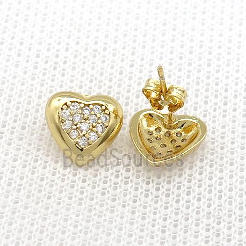 Copper Stud Earrings Pave Zircon Heart Gold Plated