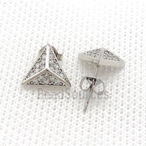 Copper Stud Earrings Pave Zircon Triangle Platinum Plated