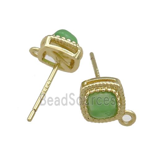 Copper Stud Earrings Pave Green Jade Gold Plated