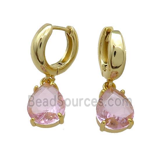 Copper Hoop Earrings Pave Pink Crystal Glass Teardrop Gold Plated