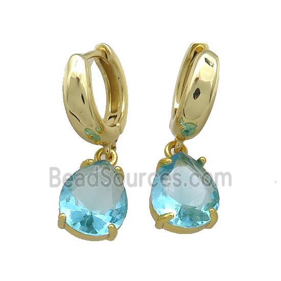 Copper Hoop Earrings Pave Aqua Crystal Glass Teardrop Gold Plated