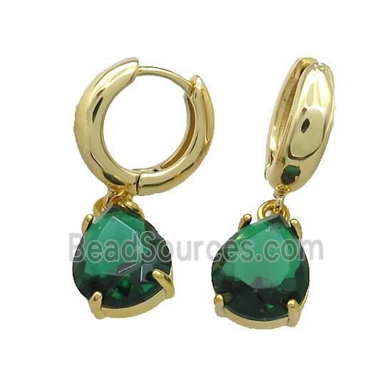 Copper Hoop Earrings Pave Green Crystal Glass Teardrop Gold Plated