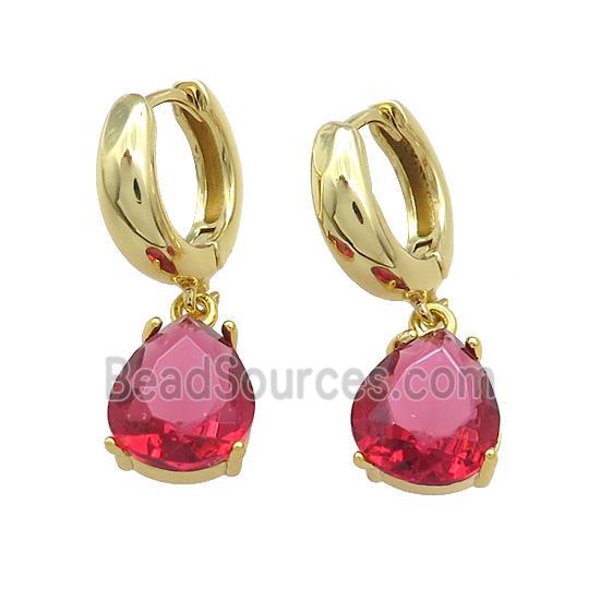 Copper Hoop Earrings Pave Red Crystal Glass Teardrop Gold Plated