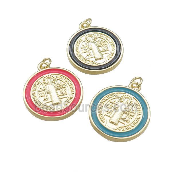Copper Jesus Pendant Religious Medal Charms CSPB Enamel Circle Gold Plated Mixed