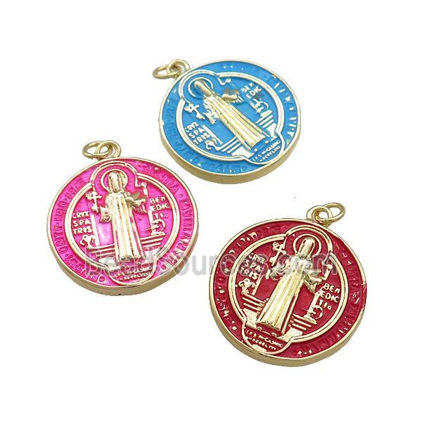 Copper Jesus Pendant Religious Medal Charms Painted Circle Gold Plated Mixed