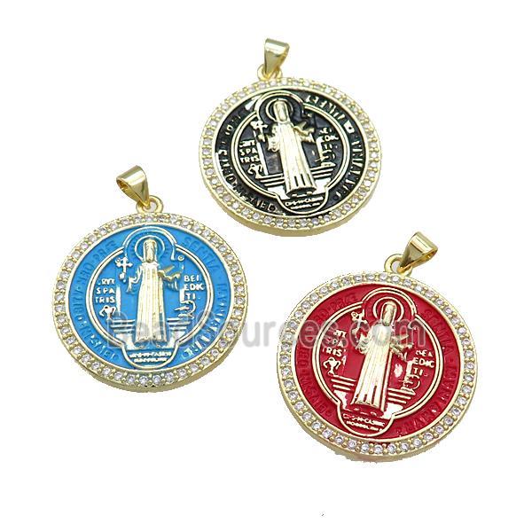 Copper Jesus Pendant Pave Zircon Religious Medal Charms Painted Circle Gold Plated Mixed