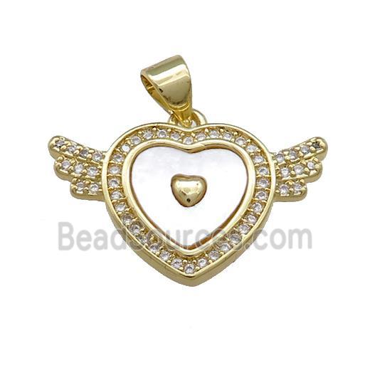 Copper Heart Pendant Pave Shell Zircon Angel Wings 18K Gold Plated