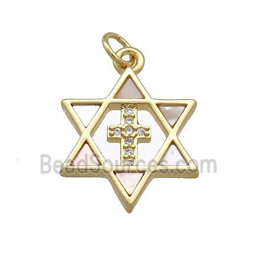 David Star Copper Pendant Pave Shell Zircon Cross 18K Gold Plated