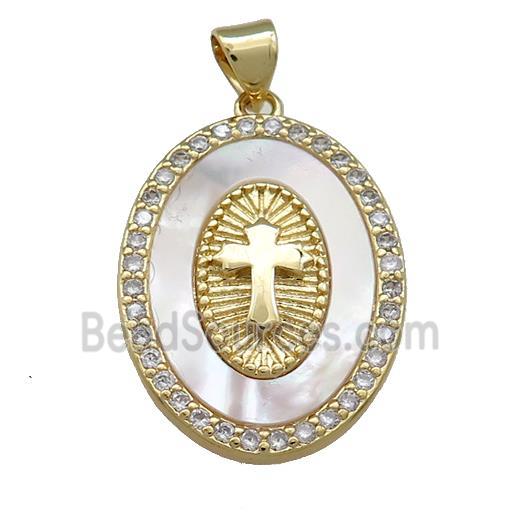 Copper Oval Pendant Pave Shell Zircon Cross Medal Charms 18K Gold Plated