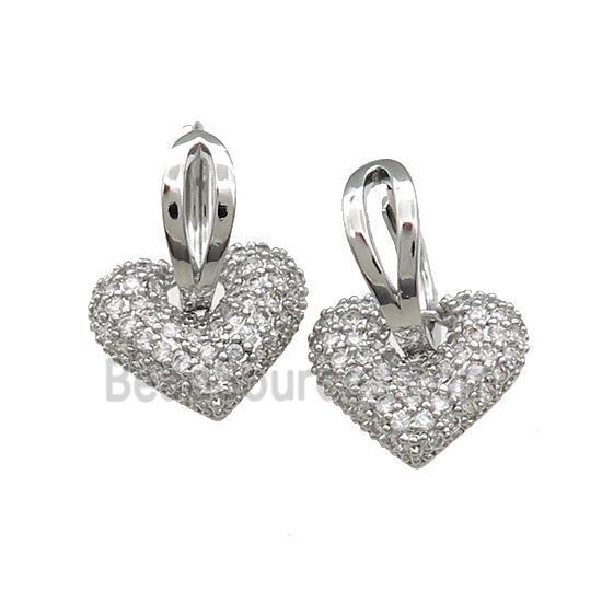 Copper Hoop Earrings Heart Pave Zircon Platinum Plated