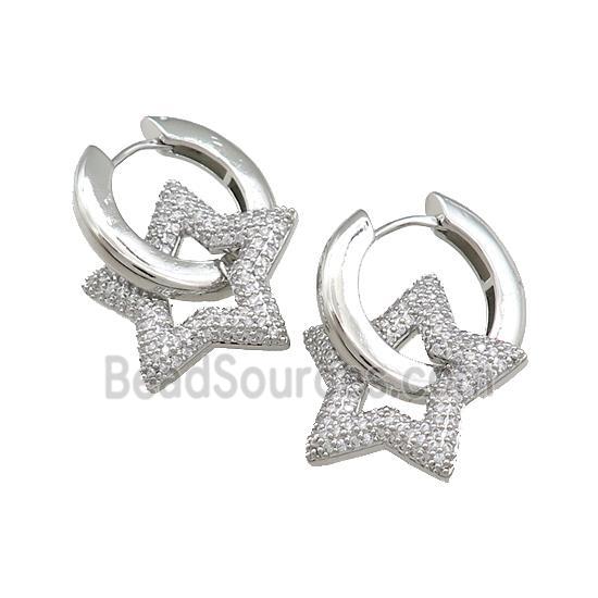 Copper Hoop Earrings Star Pave Zircon Platinum Plated