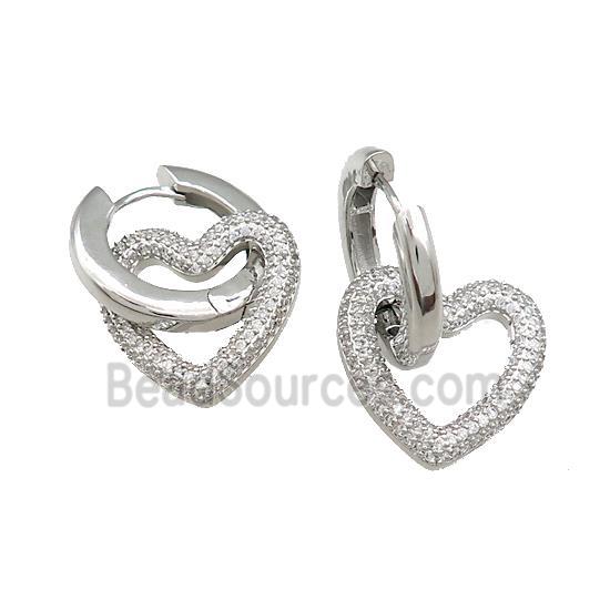 Copper Hoop Earrings Heart Pave Zircon Platinum Plated