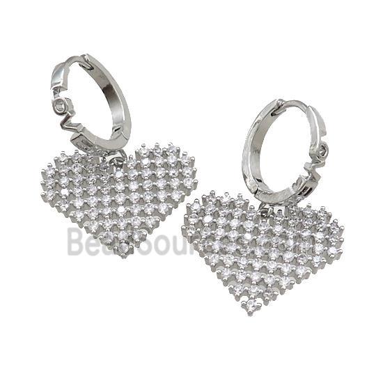 Copper Hoop Earrings Heart Pave Zircon Platinum Plated