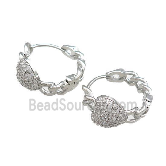 Copper Hoop Earrings Pave Zircon Heart Platinum Plated