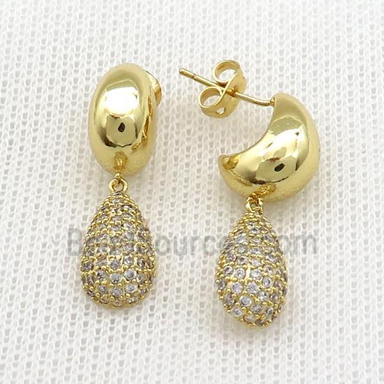 Copper Stud Earrings Teardrop Pave Zircon Gold Plate