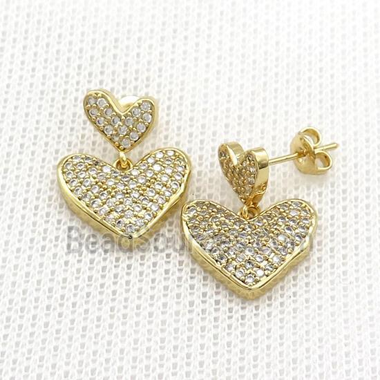 Copper Stud Earrings Heart Pave Zircon Gold Plated