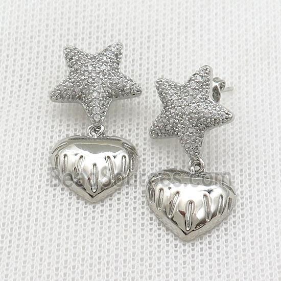 Copper Star Stud Earrings Pave Zircon Heart Platinum Plated