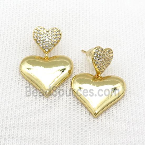 Copper Heart Stud Earrings Pave Zircon Gold Plated