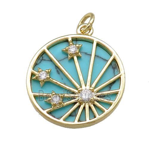 Copper Sun Ray Pendant Pave Synthetic Turquoise Zircon Star Gold Plated