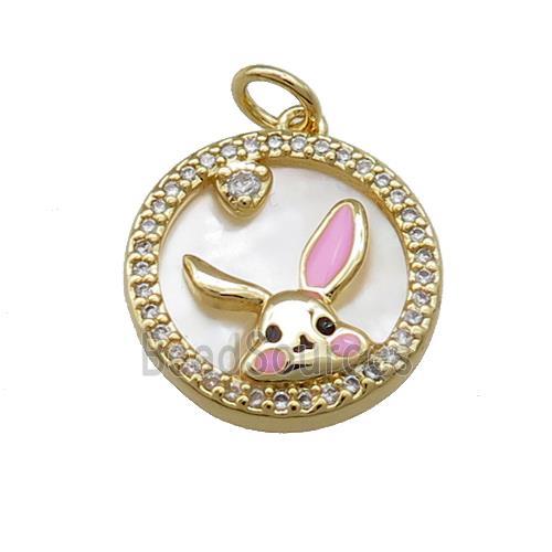 Rabbit Charms Copper Circle Pendant Pave Shell Zircon Gold Plated