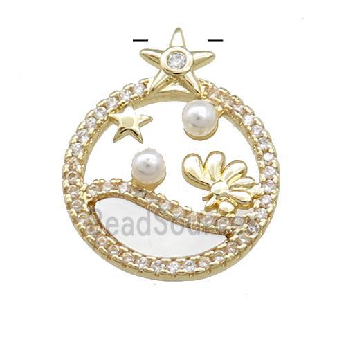 Copper Circle Pendant Pave Shell Zircon Star Flower Gold Plated