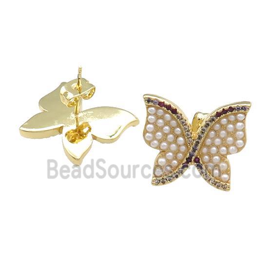 Copper Butterfly Stud Earrings Pave Pearlized Resin Zircon Gold Plated