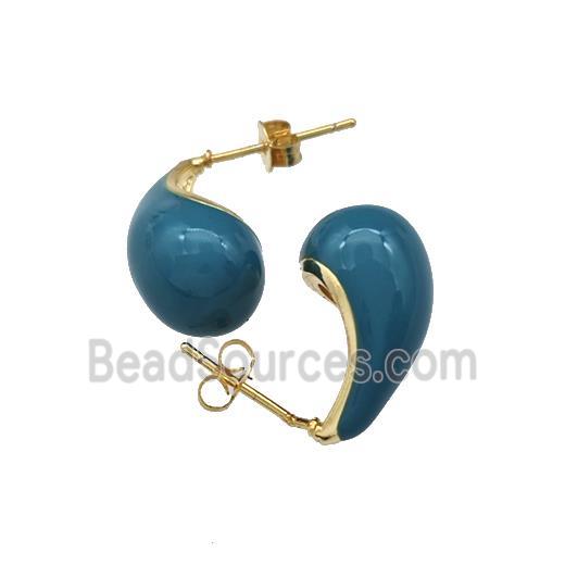 Copper Teardrop Stud Earrings Teal Enamel Gold Plated