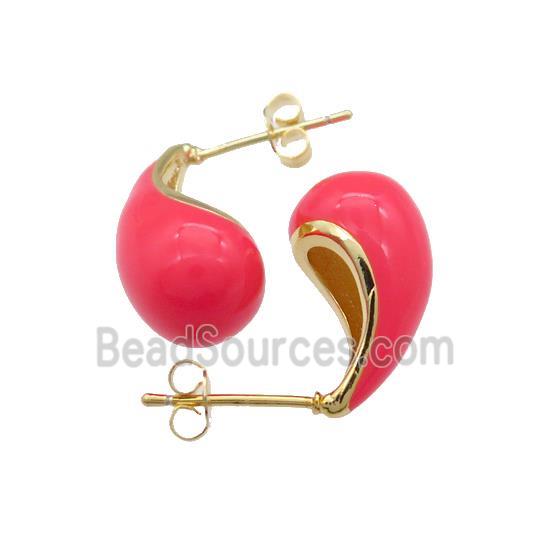 Copper Teardrop Stud Earrings Red Enamel Gold Plated