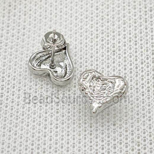 Copper Heart Stud Earrings Hammered Platinum Plated