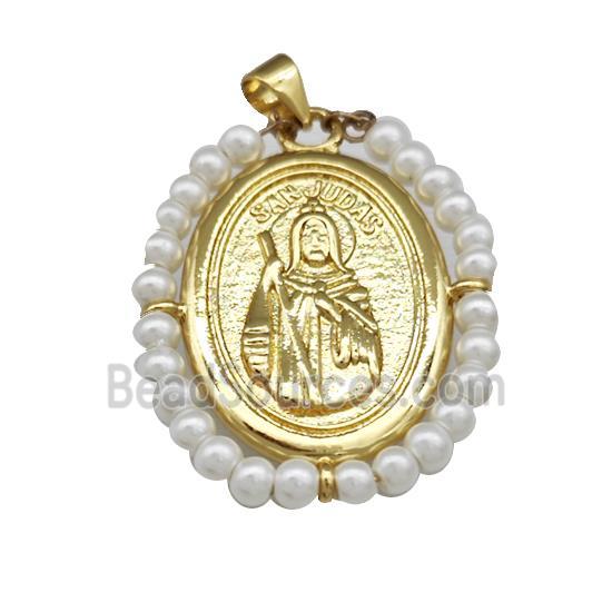 Saint Jude Charms Copper Oval Pendant With Pearlized Resin Wire Wrapped Gold Plated