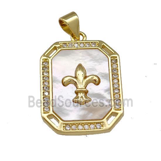 Copper Rectangle Pendant Pave Shell Zirconia Fleur De Lis 18K Gold Plated