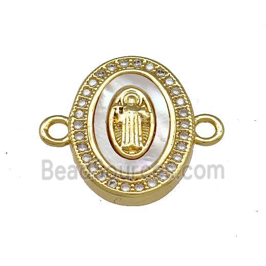 Jesus Charms Copper Oval Connector Micro Pave Shell Zirconia 18K Gold Plated