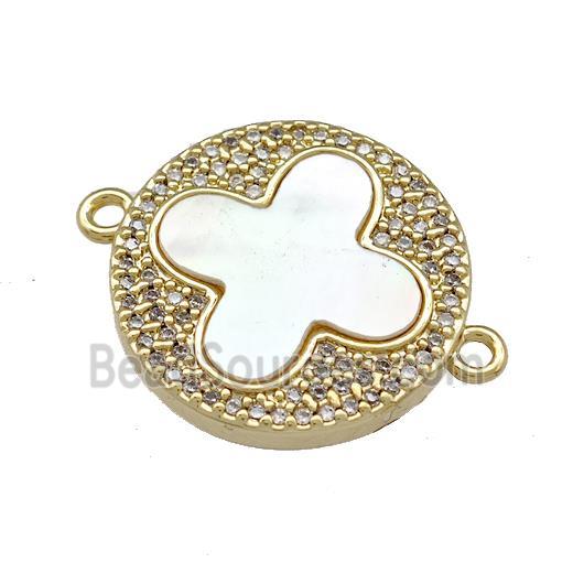 Copper Clover Connector Micro Pave Shell Zirconia Circle 18K Gold Plated