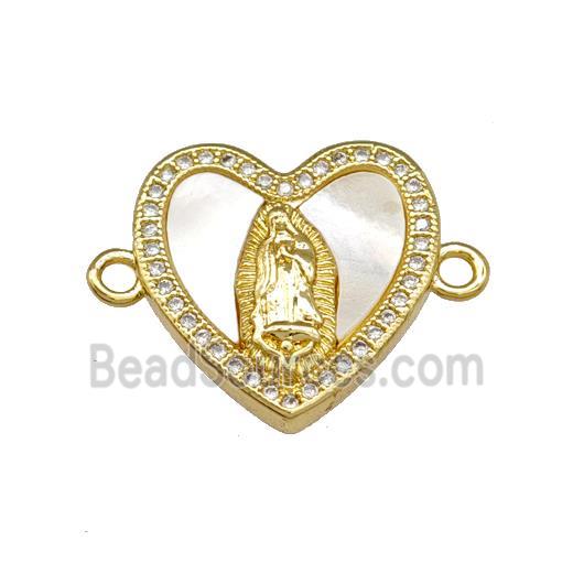 Copper Heart Connector Pave Shell Zirconia Virgin Mary 18K Gold Plated