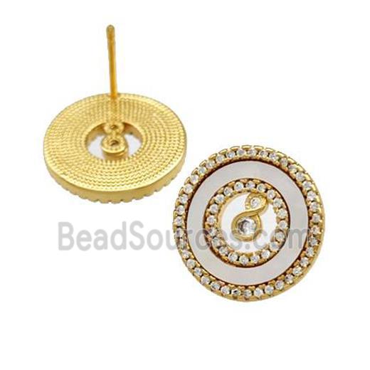 Copper Stud Earrings Pave Shell Zirconia Circle 18K Gold Plated