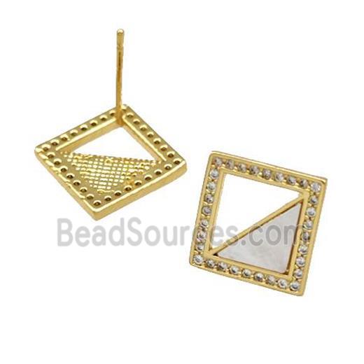 Copper Stud Earrings Pave Shell Zirconia Square 18K Gold Plated