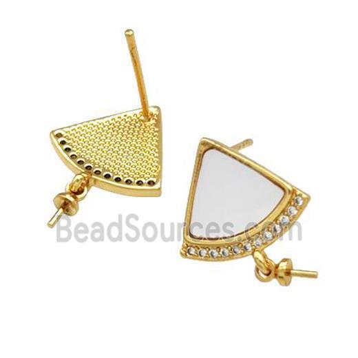 Copper Stud Earrings Pave Shell Zirconia With Bail Fan 18K Gold Plated